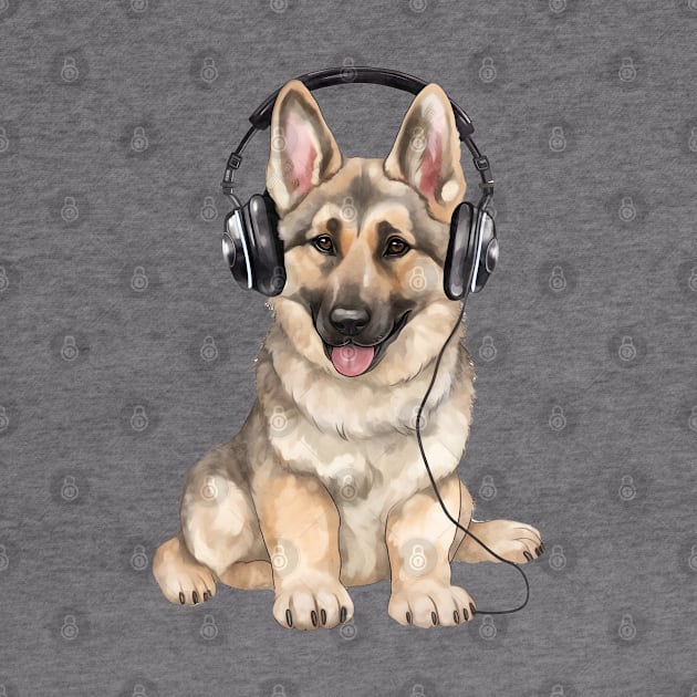 Watercolor German Shepherd Dog with Headphones by Chromatic Fusion Studio